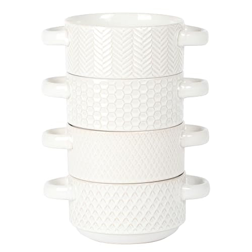 Gibson Elite Oyster Tide Embossed 6 Inch Soup Bowls with Handles. French Onion Soup Crocks, Stackable Soup Bowl, Chili, Beef Stew Reactive Glaze Stackable Ceramic Bowl, Set of 4, White