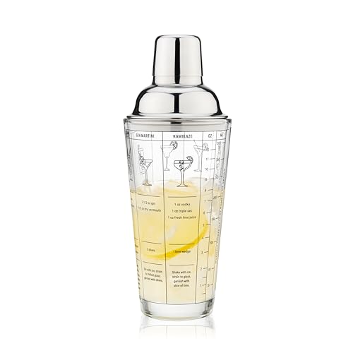 TRUE Clear Glass Cocktail Shaker Set with Recipes & Measurements - 13.5 oz, Includes Jigger & Strainer, Set of 1