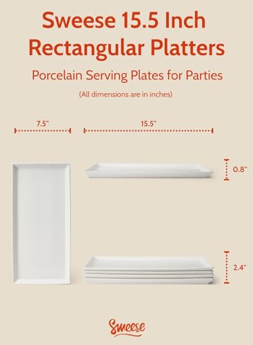 Sweese 15.5-Inch White Porcelain Serving Platters (Pack of 2) – Large Rectangular Trays, Set of 4