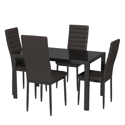5-Piece Modern Dining Set with Glass Table and 4 Cushioned PU Leather Chairs