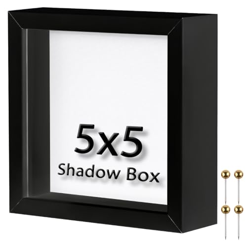 5x5 Small Shadow Box Frame with Linen Backing and Push Pins, Black
