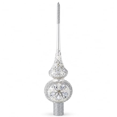 White Jewels Star on Glossy Silver Glass Christmas Tree Topper 11 Inches