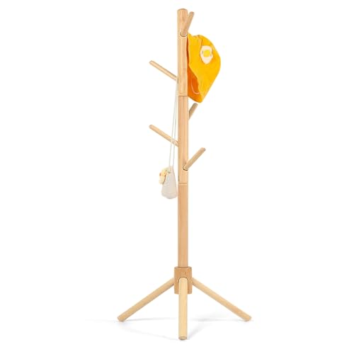 Adjustable Beech Wood Kids Coat Rack - 9-Hook Freestanding Clothing Stand