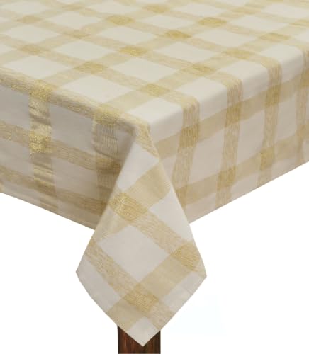 Cotton Craft White & Gold Lurex Plaid Tablecloth 52x70 in, Rectangular