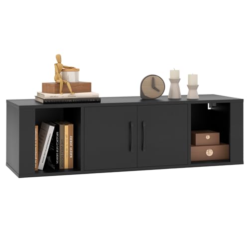 Wall Mounted Storage Cabinet, 4-Compartment Floating Media Console in Black