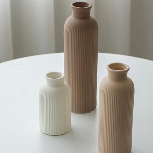 Modern Ceramic Vase Set - 3-Piece Ribbed Matte Vases for Home Decor