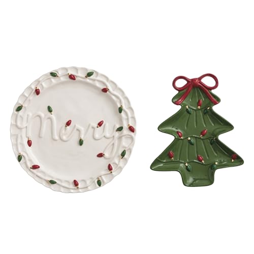 Mud Pie Christmas Tree & Round Platter Set - Festive Hand-Painted Stoneware