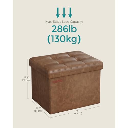 SONGMICS Small Folding Storage Ottoman, Foot Rest Stool, Cube Footrest, Synthetic Leather, 12.2 x 16.1 x 12.2 Inches, 286 lb Capacity, for Living Room, Bedroom, Dorm, Coffee Brown ULSF100K01
