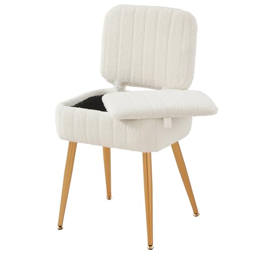Teddy Velvet Vanity Chair with Hidden Storage and Folding Back, White