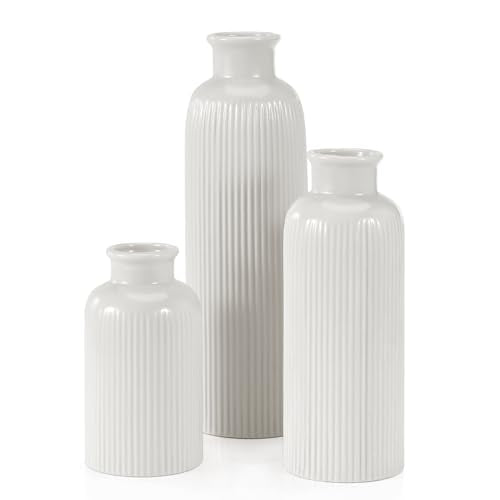 Small White Ceramic Vase Set of 3 - Modern Boho Farmhouse Home Decor