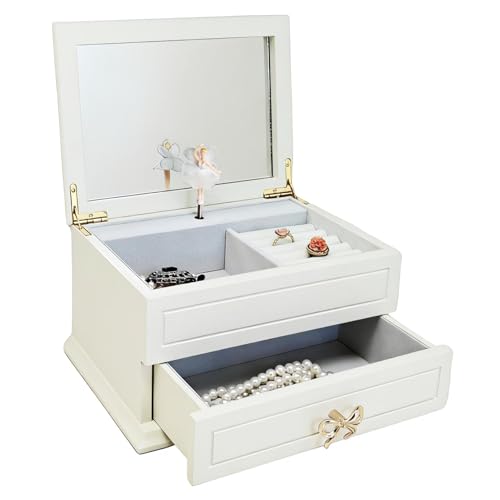 Wooden Musical Jewelry Box with Ballerina, Mirror and Drawer, 9.6-inch