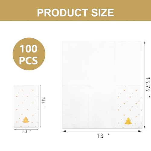 100Pack Gold Christmas Tree Napkins 3-ply Disposable 8x4.3in (Folded) - Premium Tableware