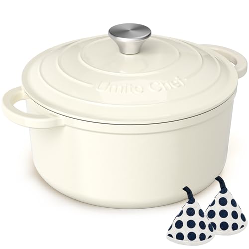 5QT Enameled Cast Iron Dutch Oven Pot with Lid & Potholders - Cream White