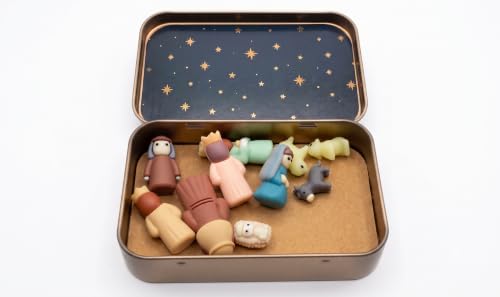 Mini Christmas Nativity Set in Tin Box - Handcrafted Holy Family Figurines, Portable Holiday Decor & Stocking Stuffer (B)