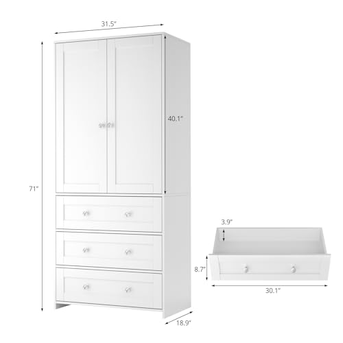 71-Inch Tall Bedroom Wardrobe Closet with Mirror, Drawers, and Hanging Rod