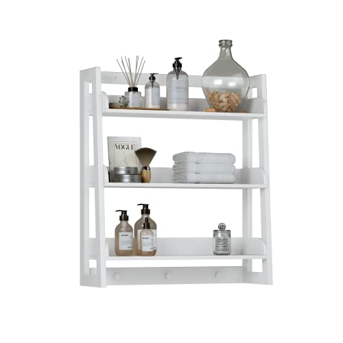 3-Tier Wall-Mounted Ladder Shelf with Hooks, White Wood Storage Organizer
