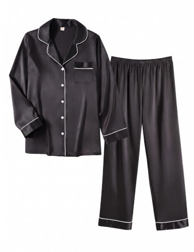 Ekouaer Black Satin Silk Pajamas for Women Small Button-Down Long Sleeve Set