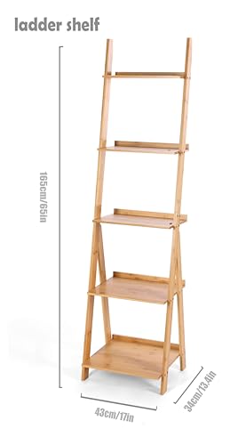 5-Tier Corner Ladder Shelf, Industrial Bamboo Storage Bookcase