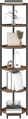 6-Tier Corner Bookshelf, Industrial Metal and Wood Display Stand