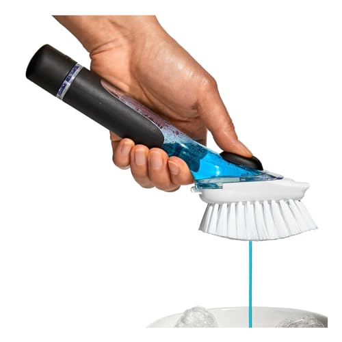Refillable Soap Dispensing Dish Brush with Scraper & Non-Slip Handle