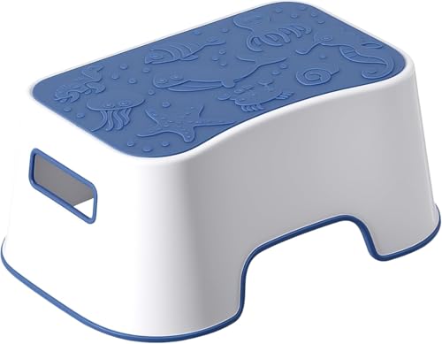 A+KCEYON Kids Step Stool Blue - Cute Sea Animals Design, Anti-Slip, Portable