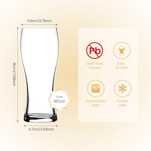 Set of 4 Pint Beer Glasses, 15.5 oz Classic Pilsner Drinking Mugs