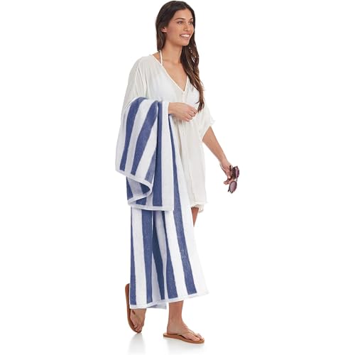Cabana Stripe Beach Towel Set, 100% Cotton, 30 x 60 Inch, Navy Blue, 2-Pack