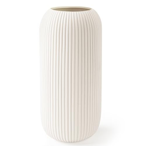 Modern White Ceramic Flower Vase – 8" Small Ribbed Decorative Vase