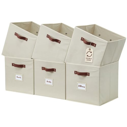 Fabric Storage Cubes 10.5 Inch with Labels Beige 6 Pack