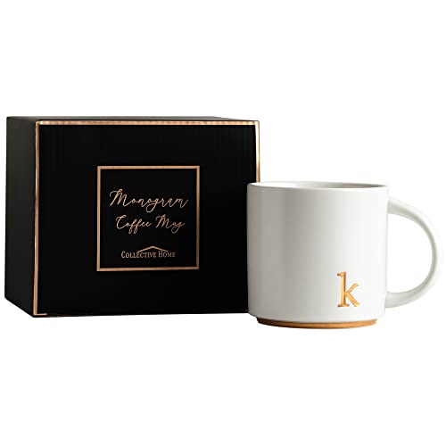 COLLECTIVE HOME Gold Monogram Ceramic Coffee Mug 15 oz with Gift Box