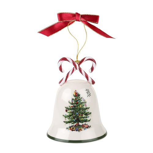 Earthenware Christmas Candy Cane Bell Ornament with Red Ribbon, 3.5 Inch