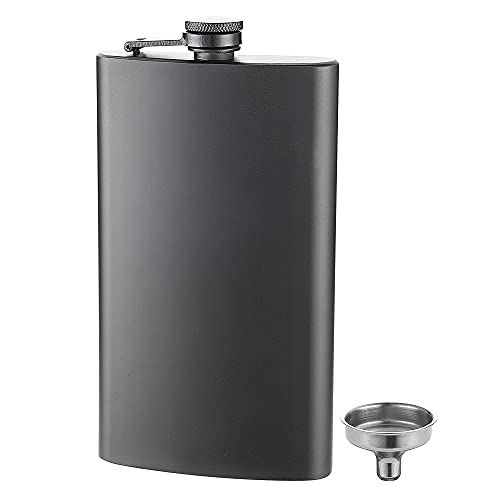 FYL Matte Black 12oz Stainless Steel Hip Flask with Leakproof Cap & Funnel