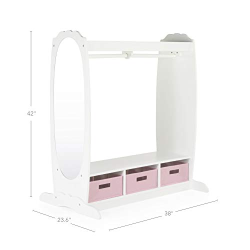 Kids Wooden Dress Up Storage Rack with Mirror and Fabric Bins