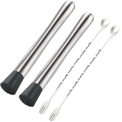 SZDGGZ 2 Pcs 10'' Stainless Steel Cocktail Muddler & Spoon Set for Bartenders & Home Bar