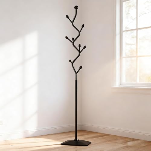 Tree-Shaped Metal Coat Rack with 8 Hooks and Weighted Cast Iron Base