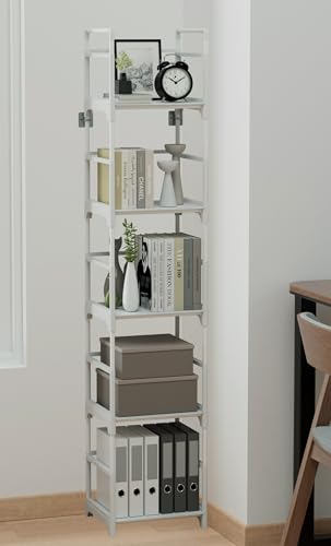 5-Tier Narrow Bookshelf, Slim White Storage Shelf for Small Spaces