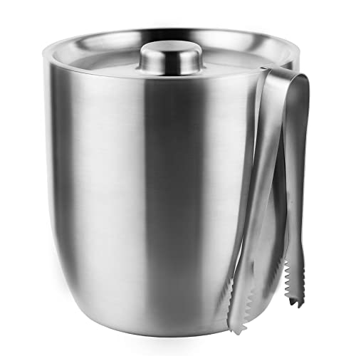Tiken 3L Double-Wall Vacuum Insulated Ice Bucket with Lid & Tongs - Silver