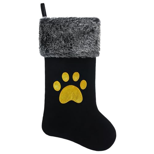 20 Inch Black Velvet Christmas Stocking with Gold Monogram Paw - Personalized with Faux Fur Trim, Deluxe