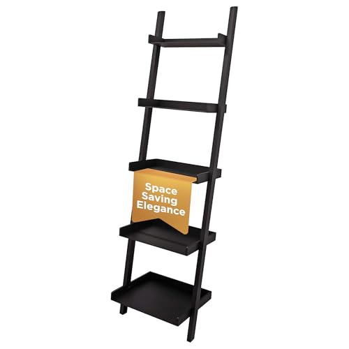 5-Tier Leaning Ladder Shelf, 18-Inch Wide Modern Wall Display, Matte Black