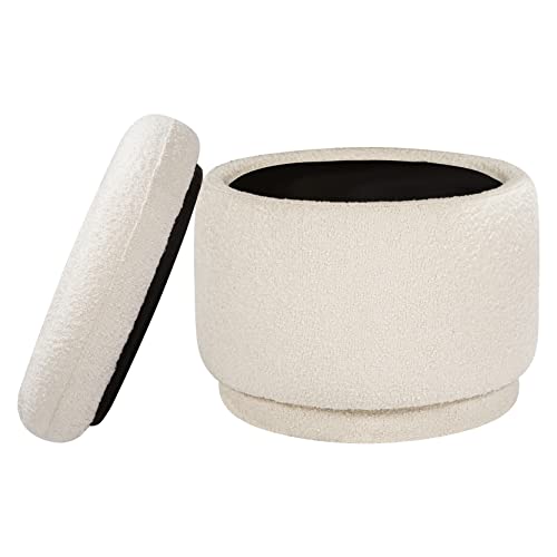 Ivory Boucle Storage Ottoman - Round Nursery & Living Room Footrest