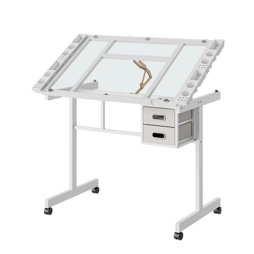 Adjustable Drafting Table with Glass Top, Rolling Art Desk with Drawers