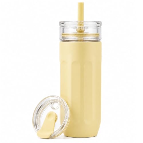 Yellow 18 oz Vacuum Insulated Glass Tumbler with Straw & Spout Lids - Keeps Drinks Cold 12H