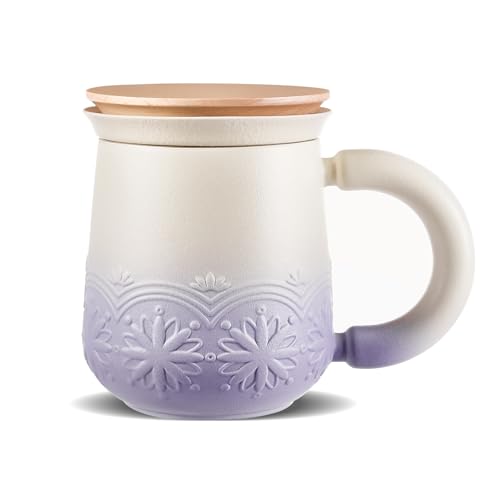 ZENS 12oz Purple Tea Mug with Infuser & Wooden Lid – Handcrafted Ceramic, Oolong & Loose Leaf Compatible