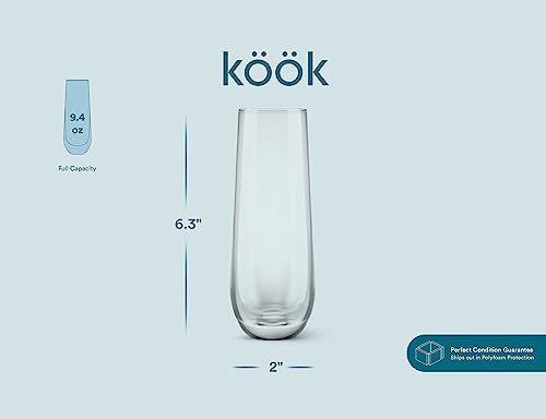 KooK Classic Set of 4 Stemless Champagne Glasses for Mimosa & Prosecco, Clear