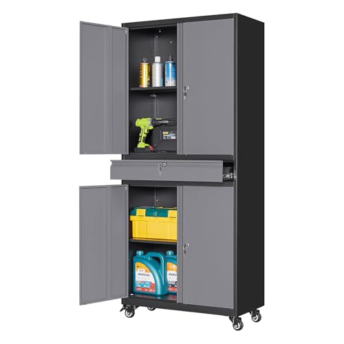 73" Metal Garage Storage Cabinet with Locking Doors, Drawer, and Shelves
