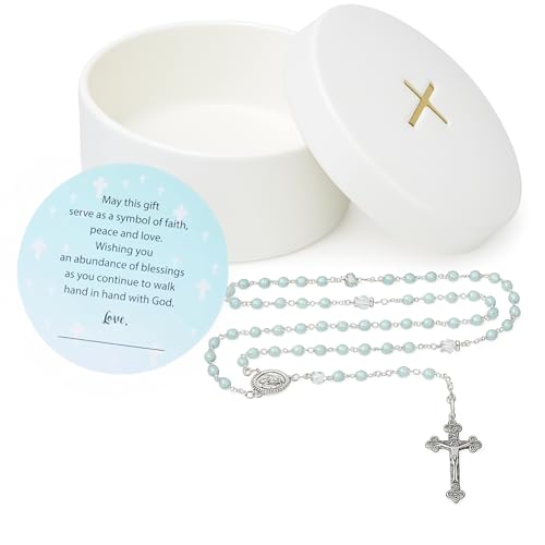 Boys Baptism Gift Set - Blue Rosary with Ceramic Keepsake Box & Card