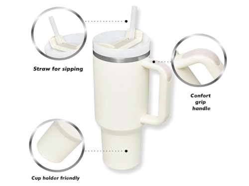 MABLA 40 oz Travel Mug with handle | Stainless Steel Vacuum Cup | Insulated Resuable Tumbler with Straw & Lid Leakproof Travel Coffee Mug for Water, Iced Coffee or Tea and More (Cream)