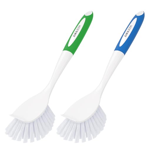 Kitchen Dish Scrub Brush with Handle and Built-in Scraper, 2-Pack