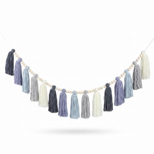 Dusty Blue Tassel Garland with Wood Beads - 35-Inch Boho Wall Decor