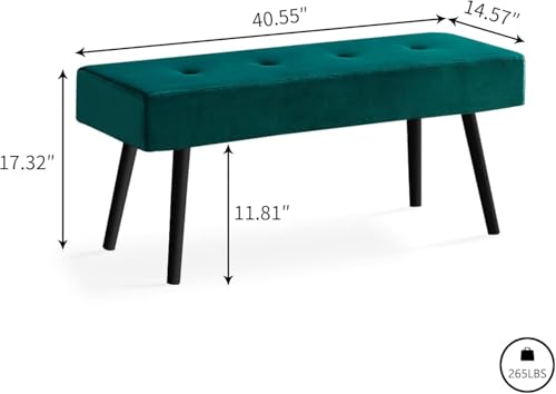 40-Inch Upholstered Entryway Bench with Metal Legs, Dark Green Velvet